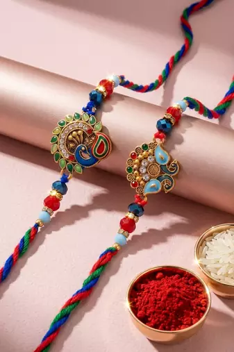 set of 2 multicolor artificial stones & beads thread rakhi with roli chawal chandan