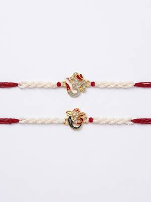 set of 2 white pearls om & ganesh ji thread rakhi with roli chawal chandan mishri 3