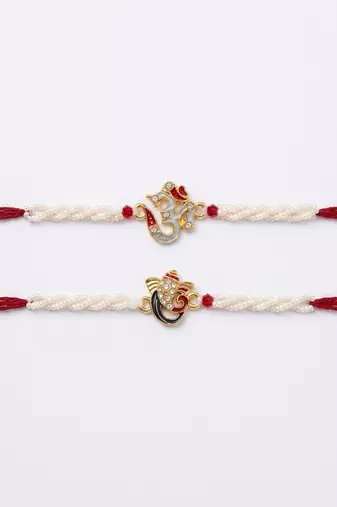set of 2 white pearls om & ganesh ji thread rakhi with roli chawal chandan mishri