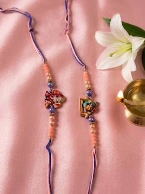 set of 2 krishna ji & ganesh ji beaded religious thread rakhi with roli chawal 2