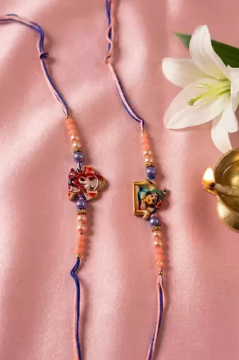 set of 2 krishna ji & ganesh ji beaded religious thread rakhi with roli chawal