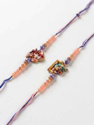 set of 2 krishna ji & ganesh ji beaded religious thread rakhi with roli chawal 3