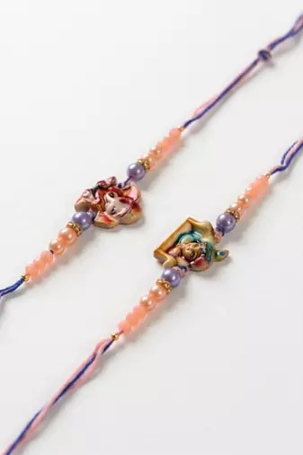 set of 2 krishna ji & ganesh ji beaded religious thread rakhi with roli chawal