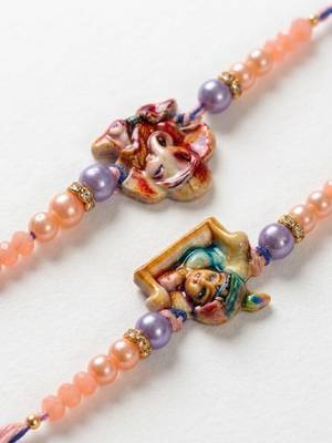 set of 2 krishna ji & ganesh ji beaded religious thread rakhi with roli chawal 4