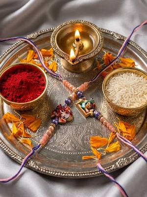 set of 2 krishna ji & ganesh ji beaded religious thread rakhi with roli chawal 5
