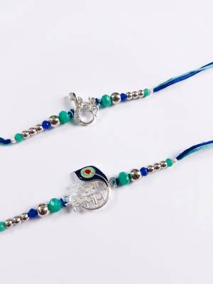 set of 2 silver toned beaded religious thread rakhi with roli chawal chandan mishri 3