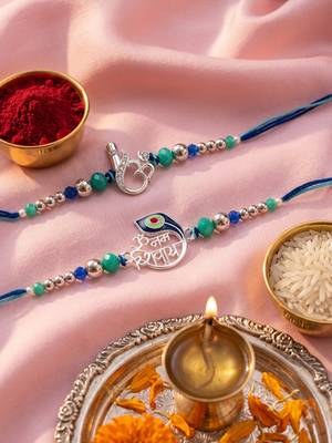 set of 2 silver toned beaded religious thread rakhi with roli chawal chandan mishri 5