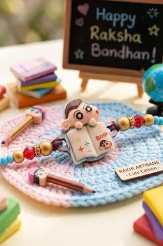 kids shinchan character artificial beads thread rakhi with roli chawal chandan mishri