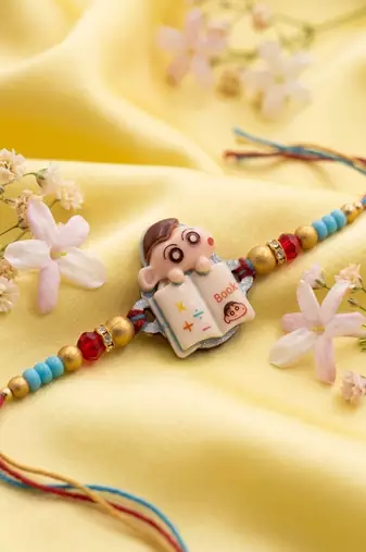 kids shinchan character artificial beads thread rakhi with roli chawal chandan mishri