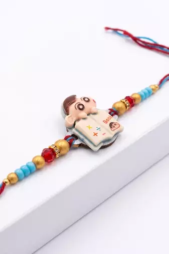 kids shinchan character artificial beads thread rakhi with roli chawal chandan mishri