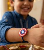 stylish red & blue avengers design kids rakhi with roli chawal chandan mishri