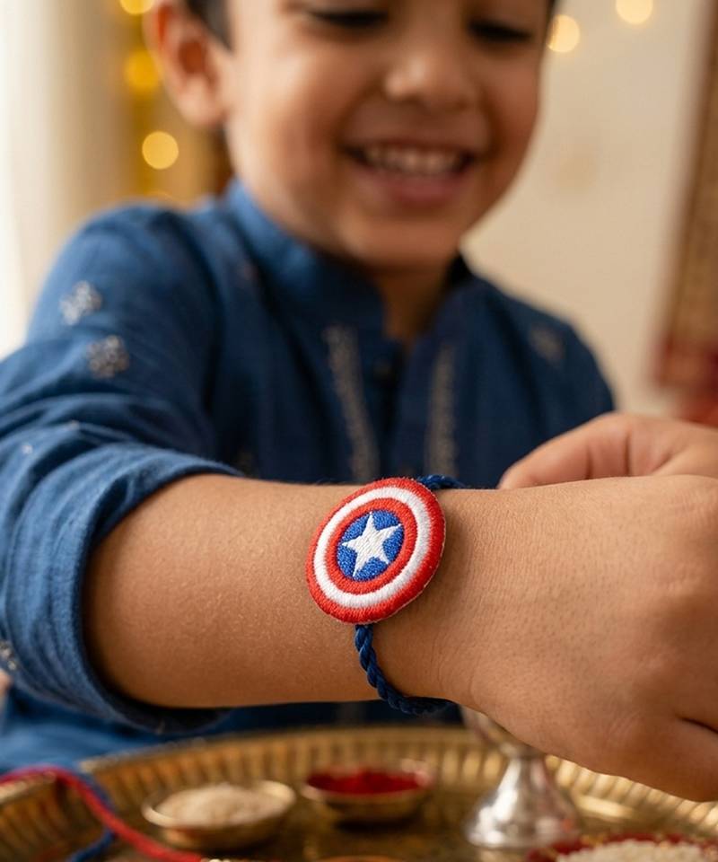stylish red & blue avengers design kids rakhi with roli chawal chandan mishri