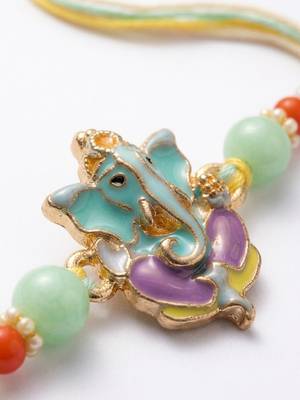 multicolor artificial beads ganesh ji thread rakhi with roli chawal chandan mishri 4