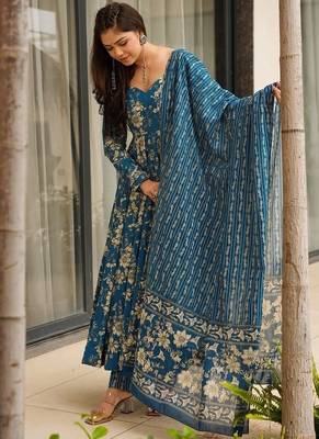 Floral printed muslin v neck blue anarkali set 1