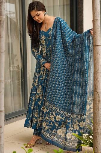 Floral printed muslin v neck blue anarkali set