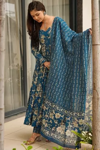 Floral printed muslin v neck blue anarkali set