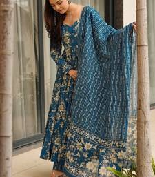 Floral printed muslin v neck blue anarkali set