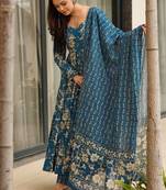 Floral printed muslin v neck blue anarkali set