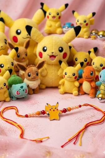 kids pikachu pokemon cartoon yellow & red thread rakhi with roli chawal chandan mishri