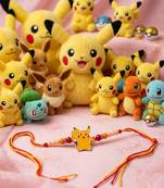 kids pikachu pokemon cartoon yellow & red thread rakhi with roli chawal chandan mishri
