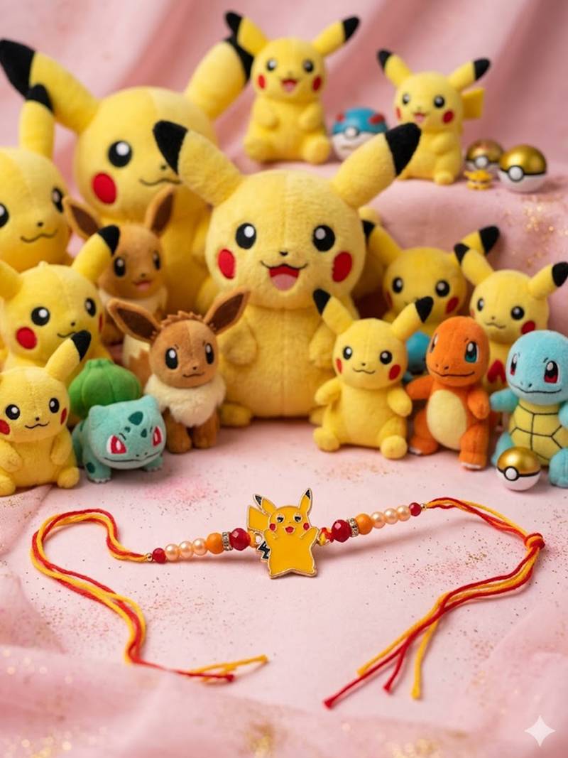 kids pikachu pokemon cartoon yellow & red thread rakhi with roli chawal chandan mishri
