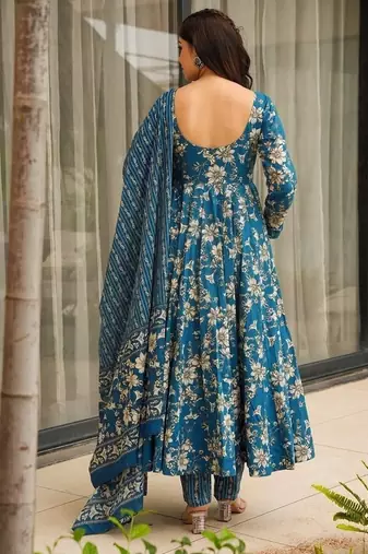 Floral printed muslin v neck blue anarkali set