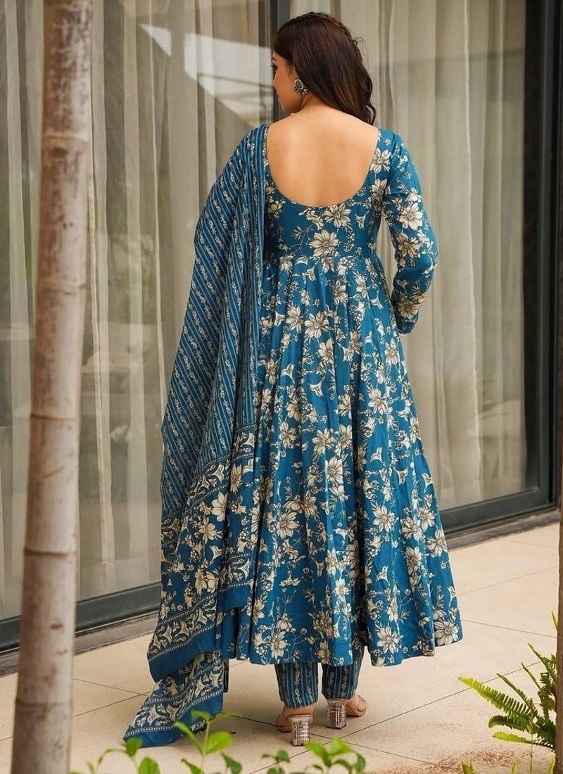 Floral printed muslin v neck blue anarkali set