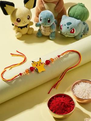 kids pikachu pokemon cartoon yellow & red thread rakhi with roli chawal chandan mishri 2