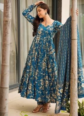 Floral printed muslin v neck blue anarkali set 3