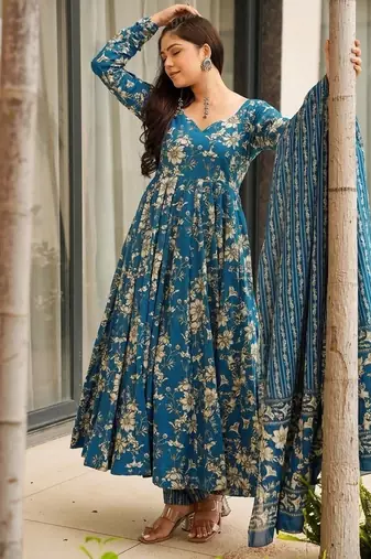 Floral printed muslin v neck blue anarkali set