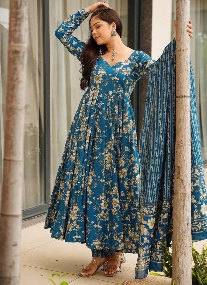 Floral printed muslin v neck blue anarkali set