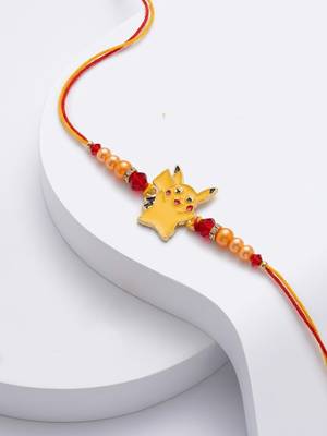 kids pikachu pokemon cartoon yellow & red thread rakhi with roli chawal chandan mishri 3