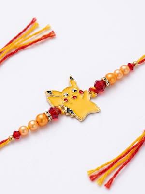 kids pikachu pokemon cartoon yellow & red thread rakhi with roli chawal chandan mishri 4