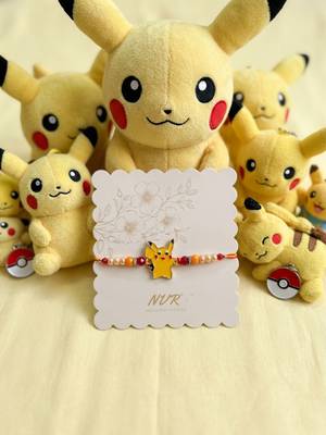 kids pikachu pokemon cartoon yellow & red thread rakhi with roli chawal chandan mishri 5
