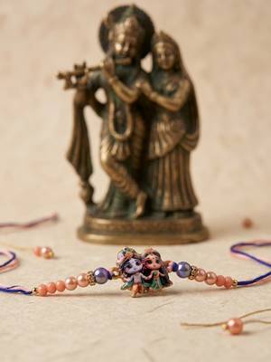 radha krishna multicolor artificial beads thread rakhi with roli chawal chandan mishri 1