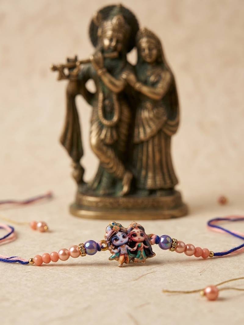 radha krishna multicolor artificial beads thread rakhi with roli chawal chandan mishri