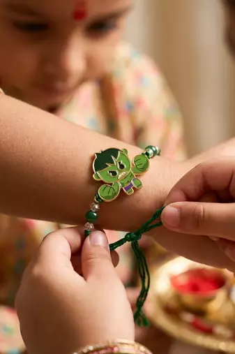 kids hulk character artificial beads thread rakhi with roli chawal chandan mishri