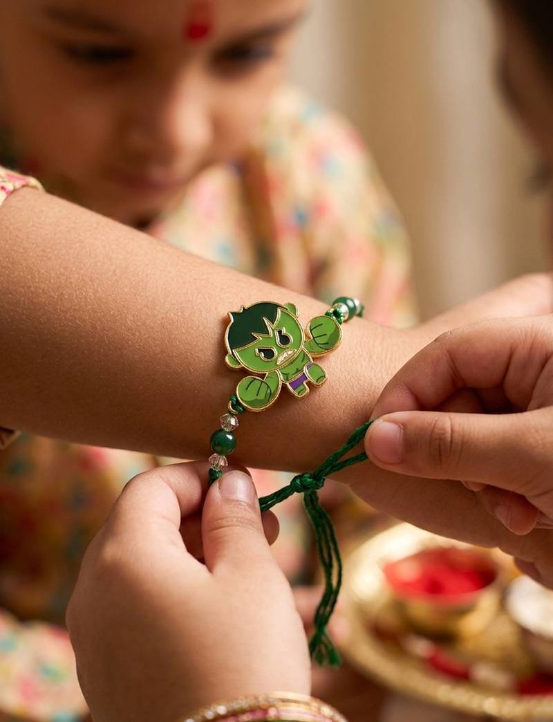 kids hulk character artificial beads thread rakhi with roli chawal chandan mishri