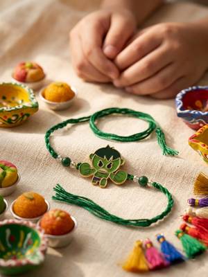 kids hulk character artificial beads thread rakhi with roli chawal chandan mishri 2