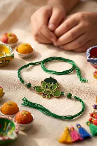 kids hulk character artificial beads thread rakhi with roli chawal chandan mishri