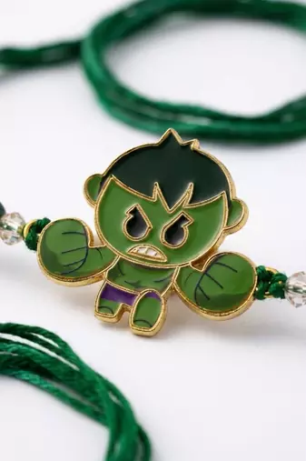 kids hulk character artificial beads thread rakhi with roli chawal chandan mishri