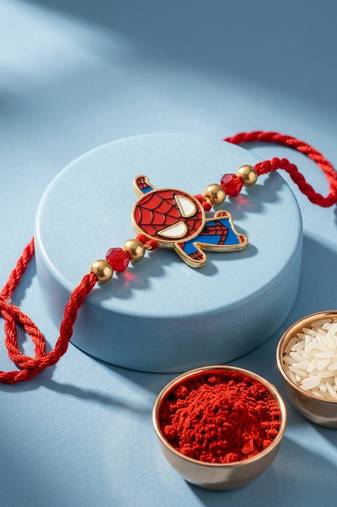 kids spider man character artificial beads thread rakhi with roli chawal chandan