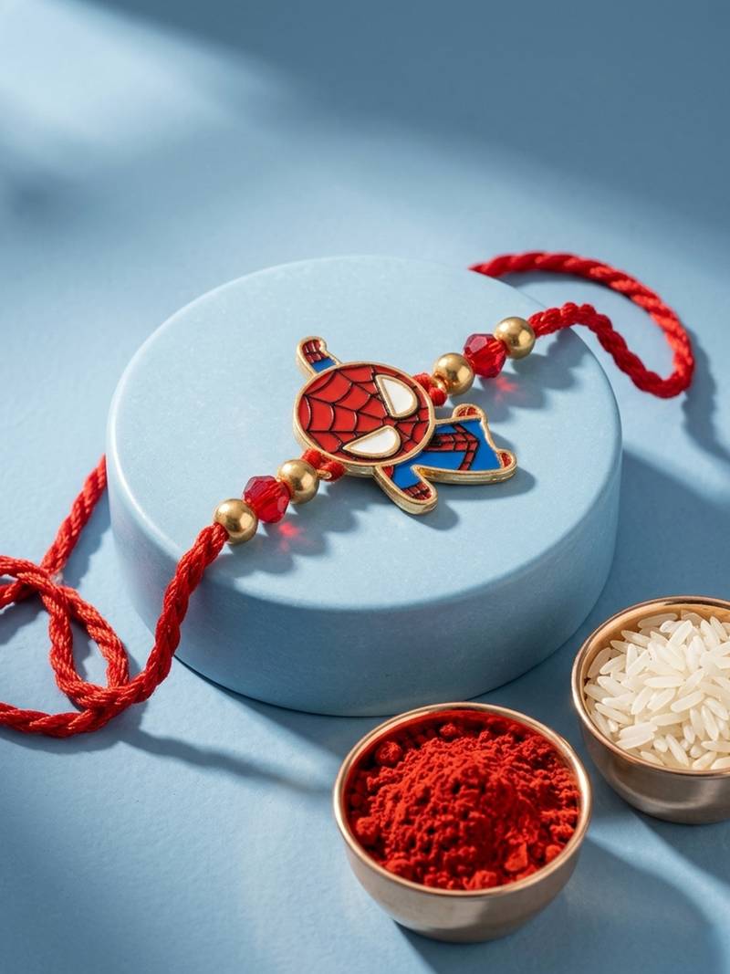 kids spider man character artificial beads thread rakhi with roli chawal chandan