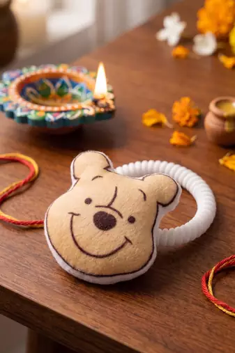 kids pooh character artificial beads rakhi with roli chawal chandan mishri