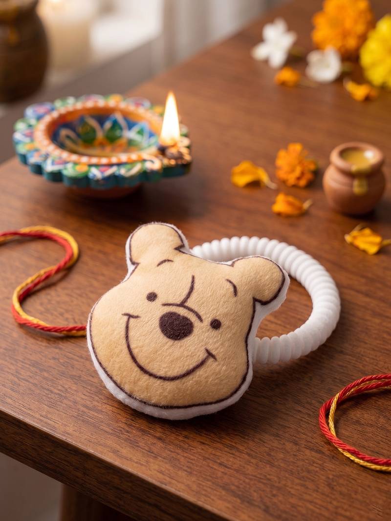 kids pooh character artificial beads rakhi with roli chawal chandan mishri