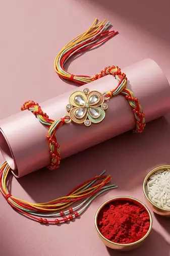 traditional artificial stones thread rakhi with roli chawal chandan mishri