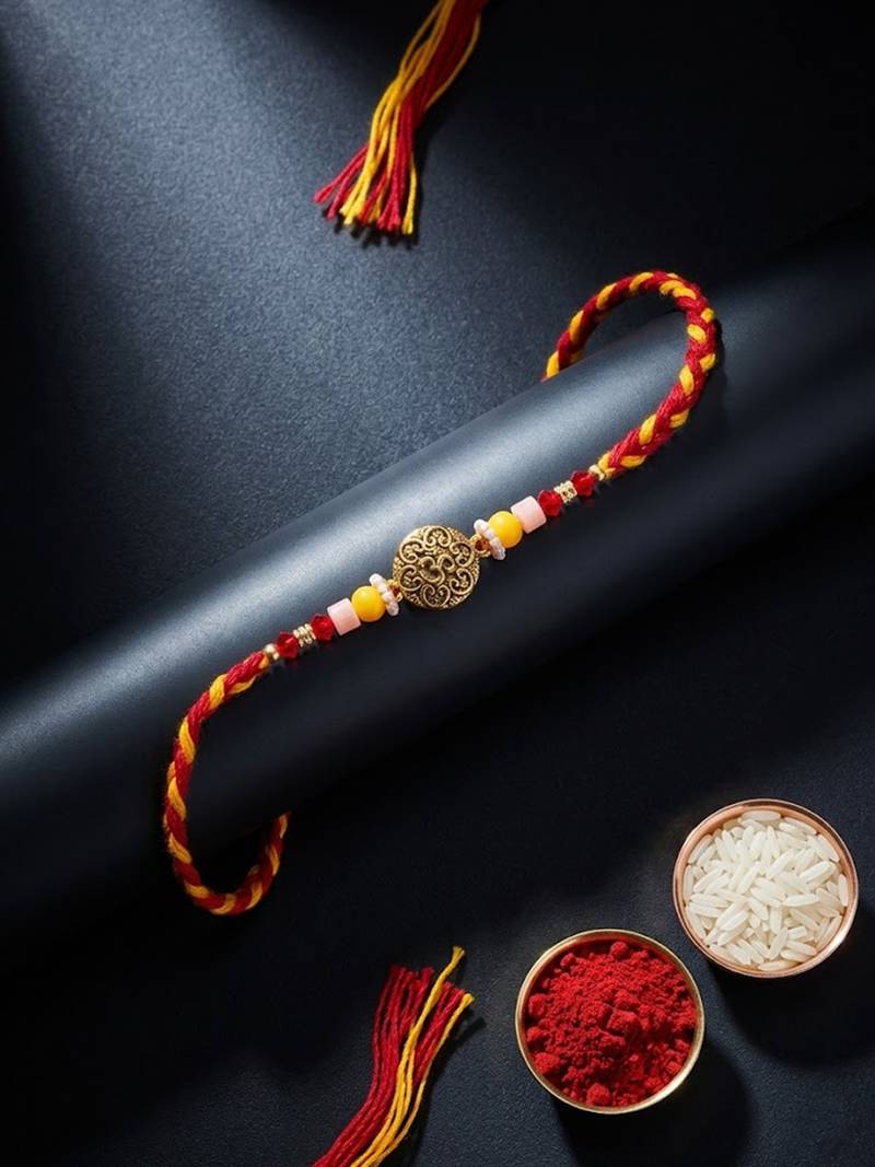 artificial beads decorative om design religious thread rakhi with roli chawal chandan