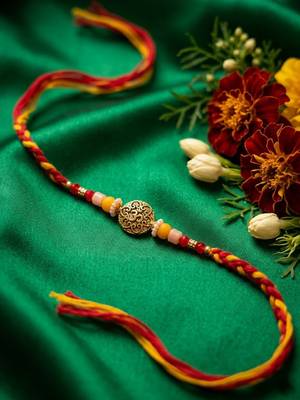 artificial beads decorative om design religious thread rakhi with roli chawal chandan 2