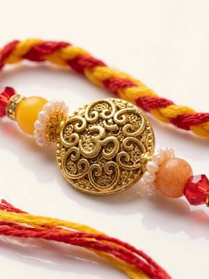 artificial beads decorative om design religious thread rakhi with roli chawal chandan 3