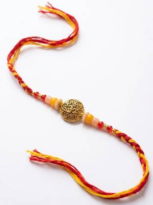 artificial beads decorative om design religious thread rakhi with roli chawal chandan 4